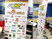 Outdoor Banner Stand  The outdoor banner stand has a base that can be filled with sand or water.